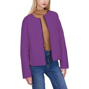 ASSUAL Women's Quilted Lightweight Winter Jacket Short Collarless Button-Up Coa